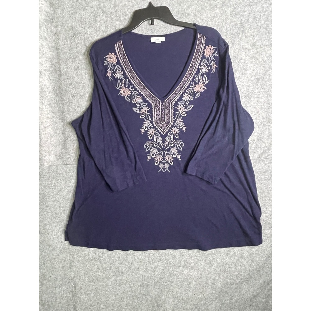 J. Jill Womens XL Navy Blue Slub Knit Embroidered V-Neck‎ Long Sleeve Top